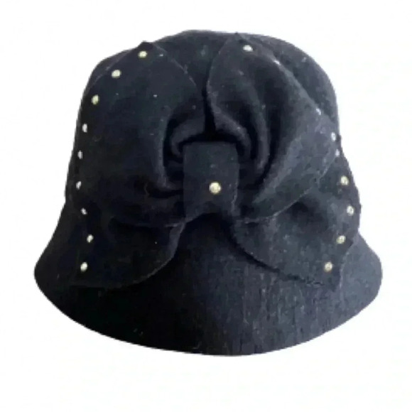 August Cloche Black Wool Hat Oversized Studded Attached Bow - Picture 2 of 10